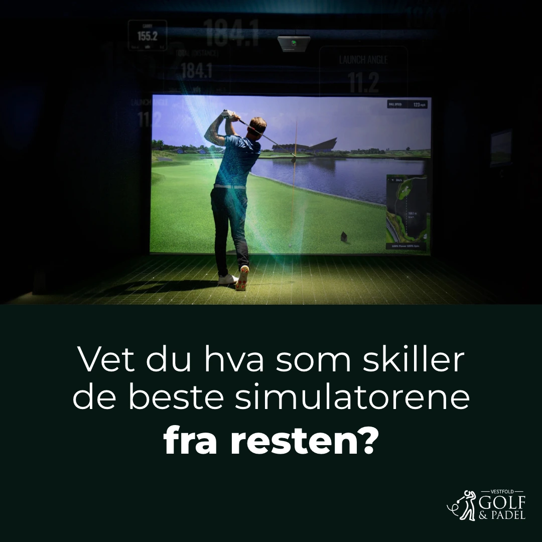 Panel 1 av 6: En golfspiller foran en simulatorskjerm. Introduksjon til hva som skiller de beste golfsimulatorene fra andre.