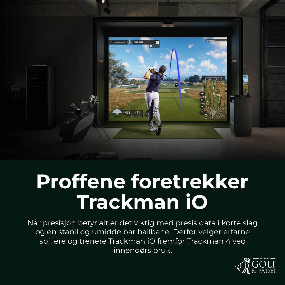 Panel 5 av 6: Golfspiller i en TrackMan-simulator. Artikkelen hevder at erfarne spillere og trenere foretrekker iO til innendørsspill for presisjon og umiddelbar ballbanevisning.