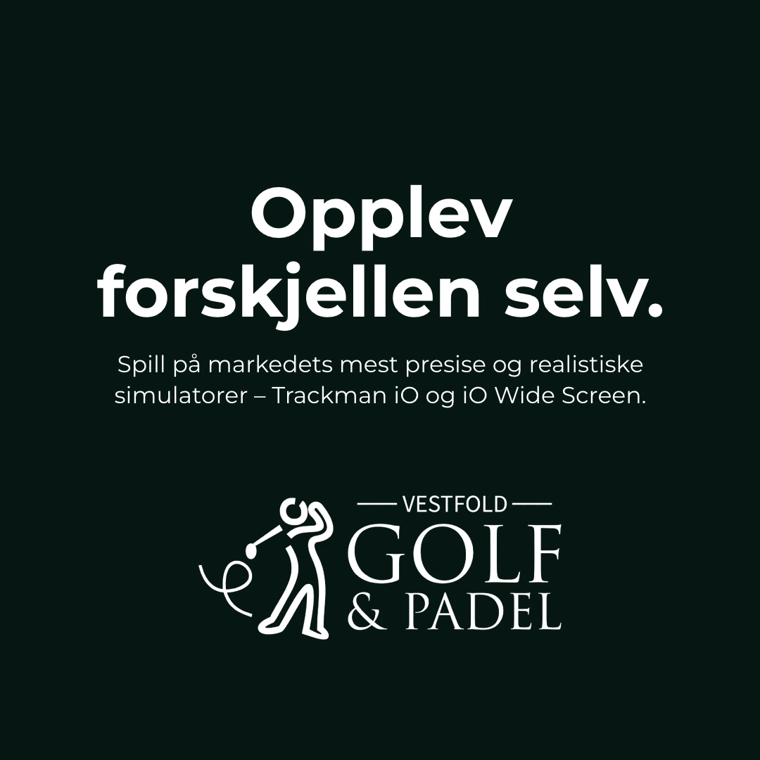 Panel 6 av 6: Avslutning med oppfordring til å prøve TrackMan iO og iO Wide Screen, samt Vestfold Golf & Padel-logo.