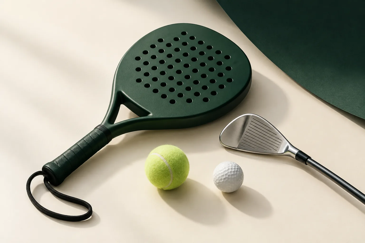 Illustrasjon av en padelracket, en golfkølle og baller i hallens grønne farger